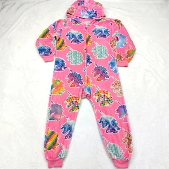 THE CHILDREN'S PLACE GIRLS PINK UNICORN FLUFFY 1 PIECE ZIP UP HOODED PJS SIZE S