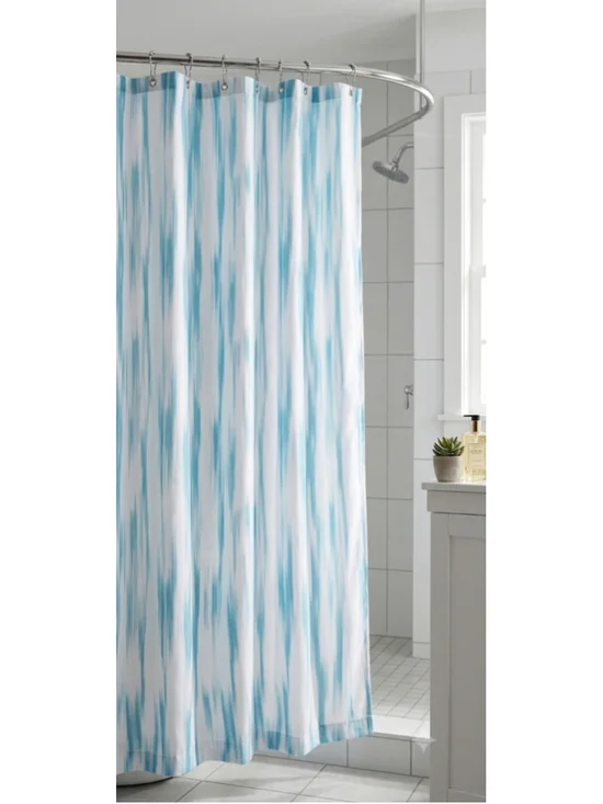 White Aqua Blue Ikat Abstract Pattern Watercolor Fabric Shower Curtain Coastal