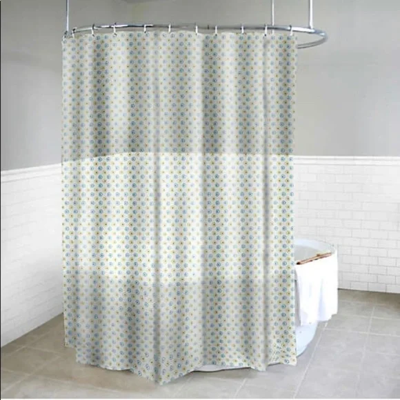 Dot Azure Shower Curtain in Yellow Metal Grommets