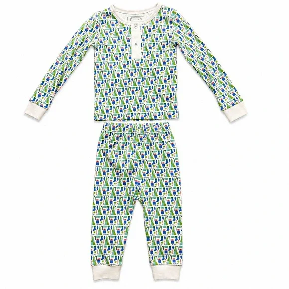 Lila & Hayes Christmas Pima Cotton Pajama Set 12-18M‎ Green Holiday Henley NWT