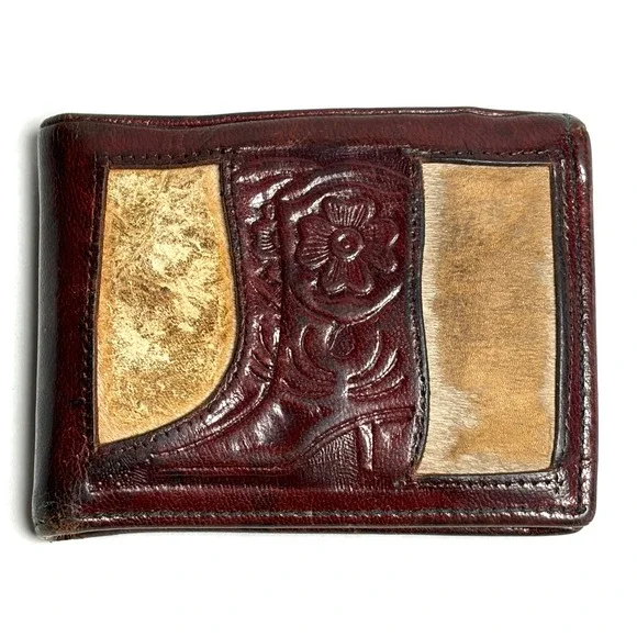 Vtg Mexican Tooled Leather Bifold Wallet‎ Cowboy Boot Hair-On Cowhide DAMAGED