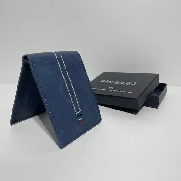 Mens Passage Blue Stripe Leather RFID Wallet in Gift Box 3.5x4.5
