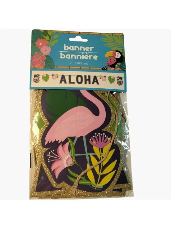 Aloha Flamingo Banner Party Decoration 7 ft Tropical Hawaiian Luau Party