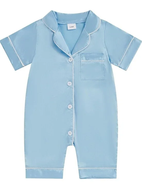Infant Satin Pajamas Romper Pink Blue 6M 12M 18M Button Up Short Sleeve Jumpsuit