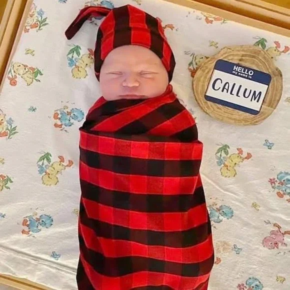 Baby Buffalo‎ Plaid Swaddle Blanket  Hat Set Newborn Photography Prop Red Black