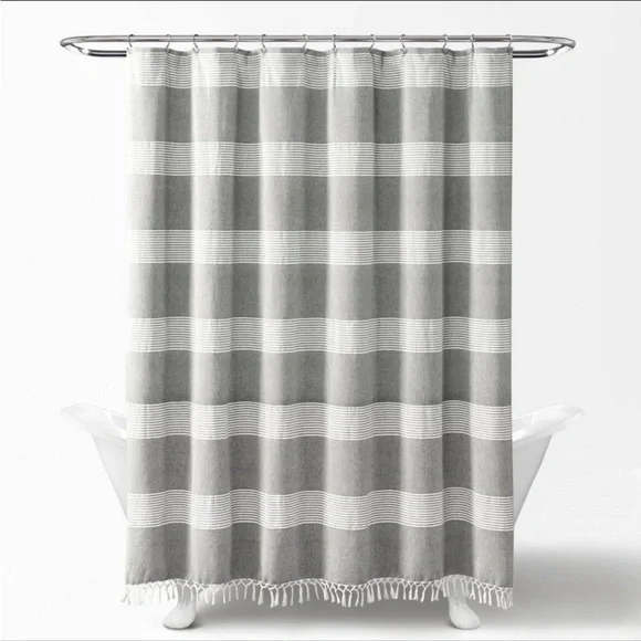 NWT Tucker Stripe Yarn Dyed Cotton Tassel Shower Curtain Gray/White - Lush Décor