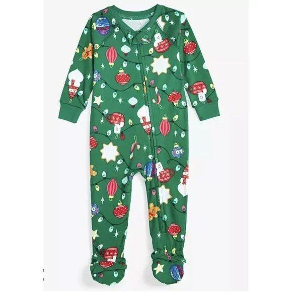 Holiday Lane Baby Christmas Footed Sleeper 0-3 M Green Lights Ornaments Cotton.
