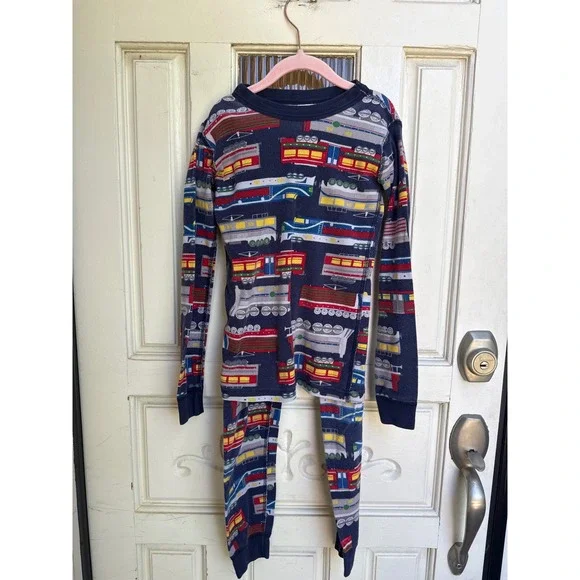 Hanna Andersson Kids Train Print Organic Cotton Pajama Set Navy Blue Size 8