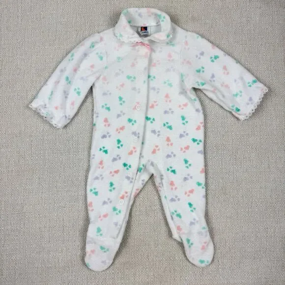 Vintage 80s Carters Terry Cloth Footed Pajamas Baby Girls 0-3 m Lace Trim Hearts