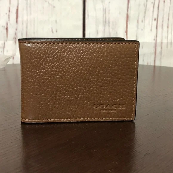 Coach Compact Bi Fold Brown Leather Men's Wallet NWT