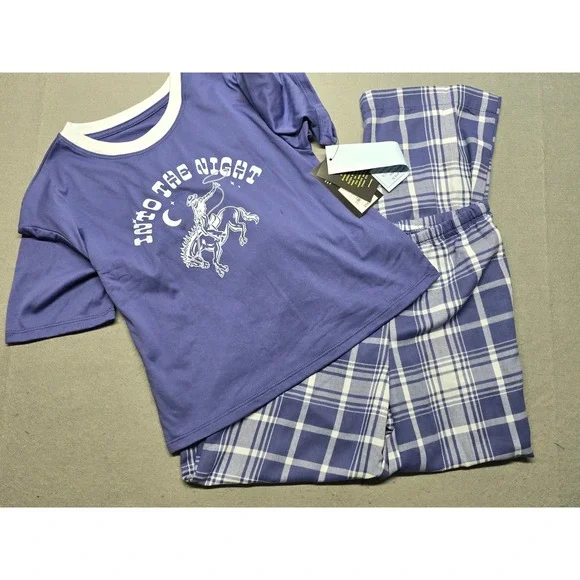 Art Class Kids Into The Night Cowboy Pajama Set Purple Plaid Size M 8 NWT