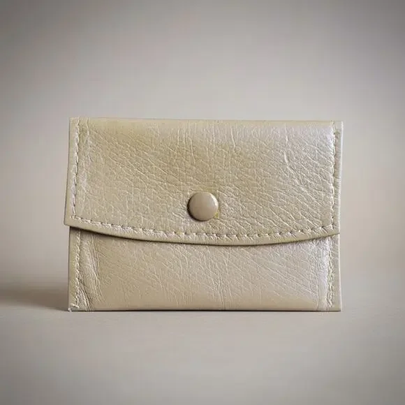 Vintage Beige Leather Snap Coin Purse Change Pouch Mini Wallet
