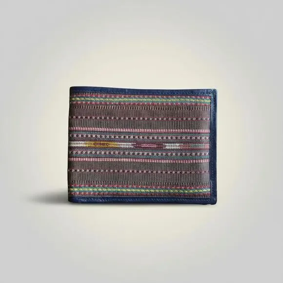 Vintage Handmade Woven Textile Navy Leather Wallet Billfold Gift Him