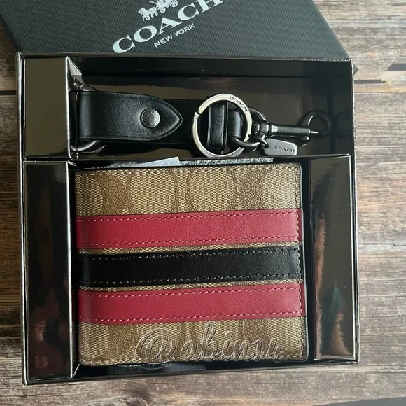New in Gift Box Coach Men's Brown and Red Wallet and Keychain Set