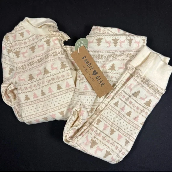 NWT Rabbit + Bear Organic Cotton 2T Fair Isle Deer Pajamas