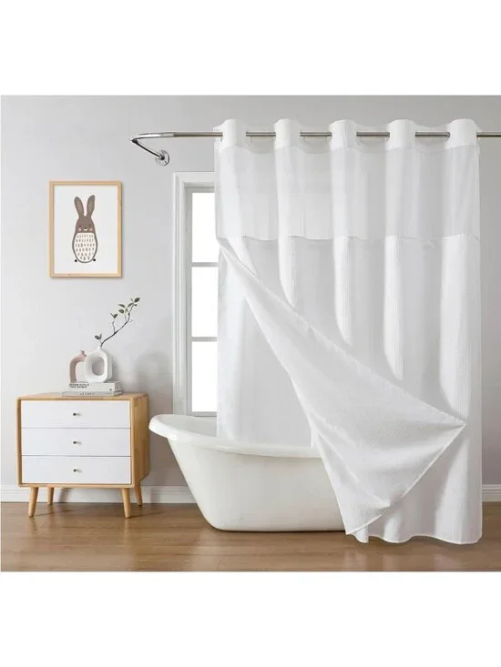 Eachope White Shower Curtain No Hooks Mesh Top Window 71Wx74H Waterproof Bathroo