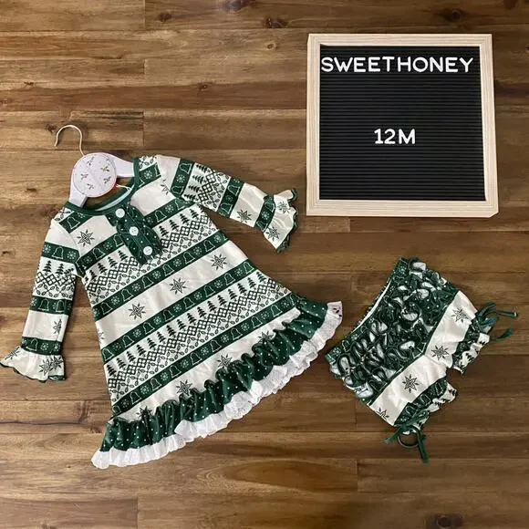 NWT SweetHoney Dreamer Pajama Gown Trees & Snowflakes Cream Green Holiday 12M