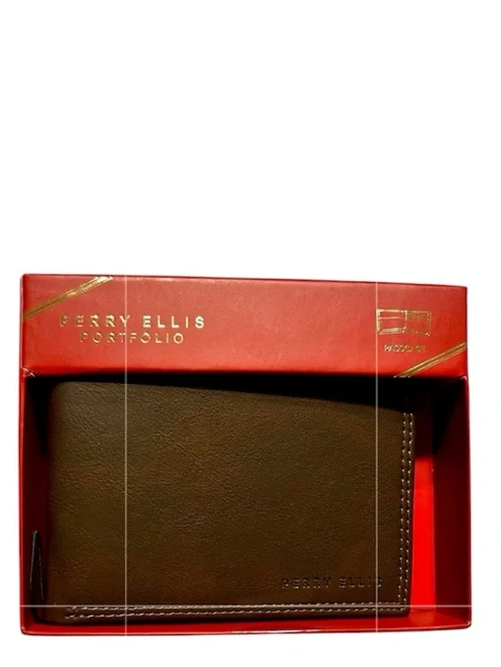 Perry Ellis Portfolio Brown Leather Sunshine Passcase Wallet