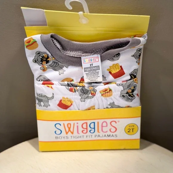 Swiggles Boys Dinosaur Hamburger French‎ Fry Pajamas Size 2T Tight Fit Cotton