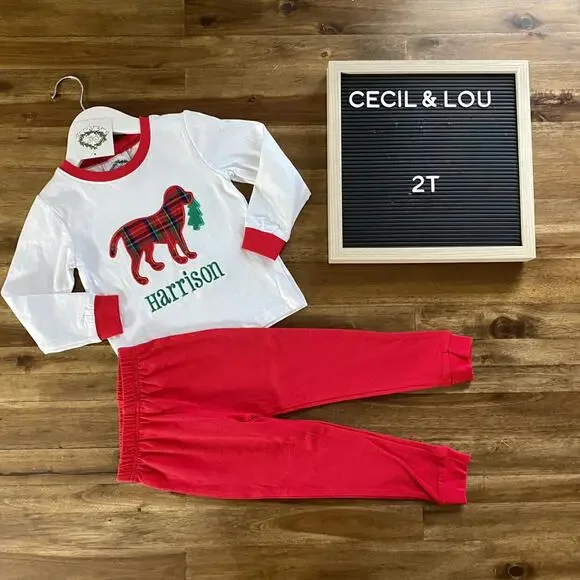 NWT Cecil & Lou Harrison Christmas Embroidered Dog Knit Red Holiday Pajamas 2T