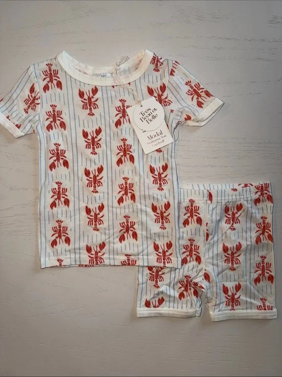 Tres Beau et Belle Lobster Stripes Short Pajama Set 18 24 months 2T 3T