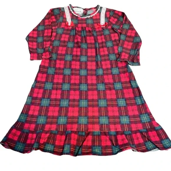 Vintage Basic Editions Christmas Plaid Ruffle Bow Pajama Nightgown Size‎ 4