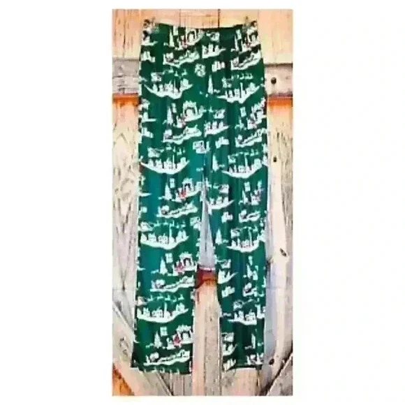 UNISEX Holiday GREEN with SANTA Lounging PJ Pants LIGHTWEIGHT Stretch size Lg