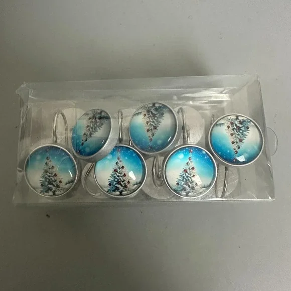 Christmas Shower Curtain Hooks Set of 12 Snowy Tree Winter Holiday Decor Silver