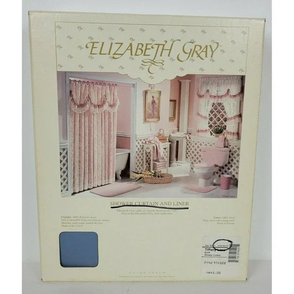 NIP Elizabeth Gray Shower Curtain & Liner Smoke Blue Tiffany Lace‎ 6x6