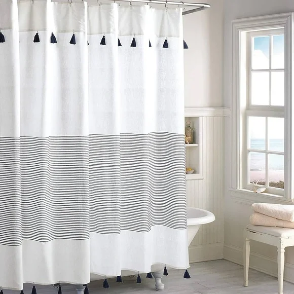 NWOT PERI HOME Panama Stripe Boho Farmhouse Tassel Navy Cotton Shower Curtain