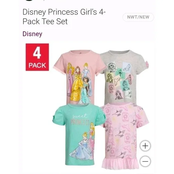 Disney Princess Girls 4-pack‎ Tees Sz 7 Cinderella Jasmine Belle New