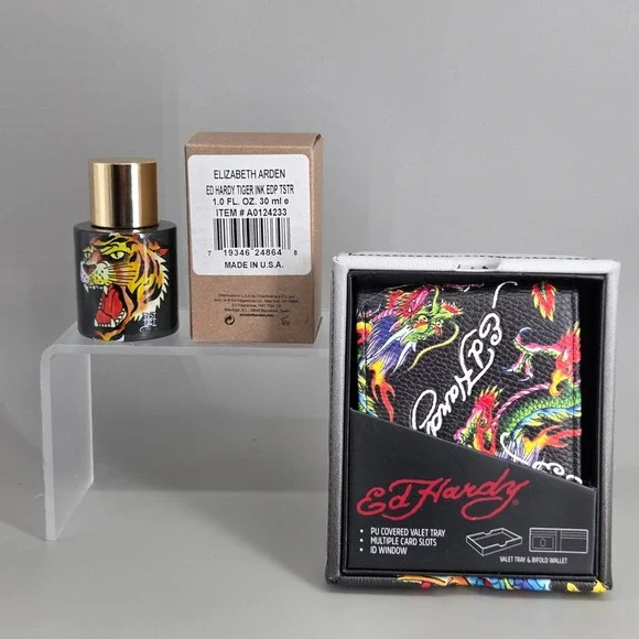 Ed Hardy Tiger Ink Fragrance Wallet Valet Tray Set Mens OS Dragon Tattoo Art Y2K