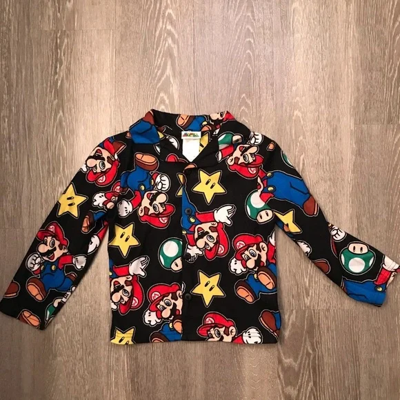 Super Mario Bros Boys‎ Pajama Top Size 6 Fleece Button Down Nintendo Black Shirt