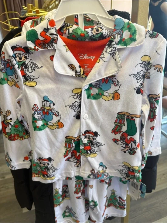 Disney White Holiday Character Pajama Set with Red & Green