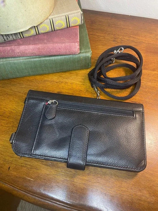 Black Leather RFiD Blocking Crossbody Long Wallet - Unisex Travel Organizer