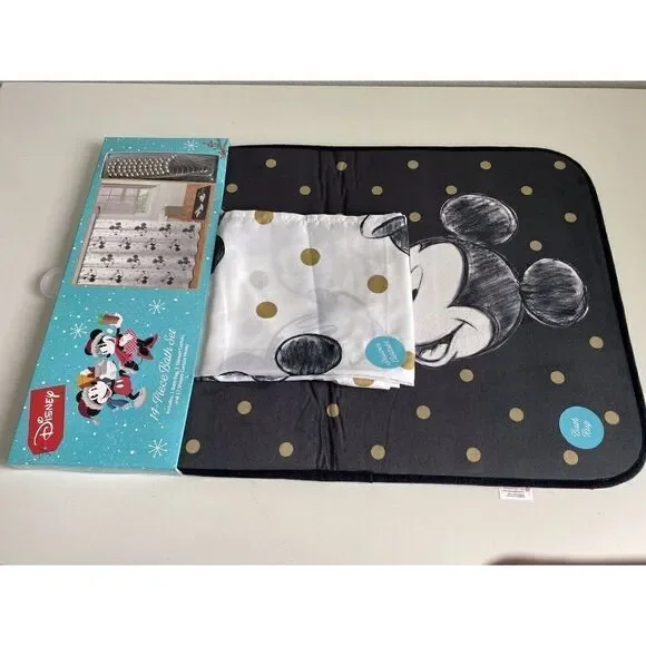 DISNEY MICKEY MINNIE‎ MOUSE CHRISTMAS Holiday Shower Curtain Bath Mat Set 14 Pc