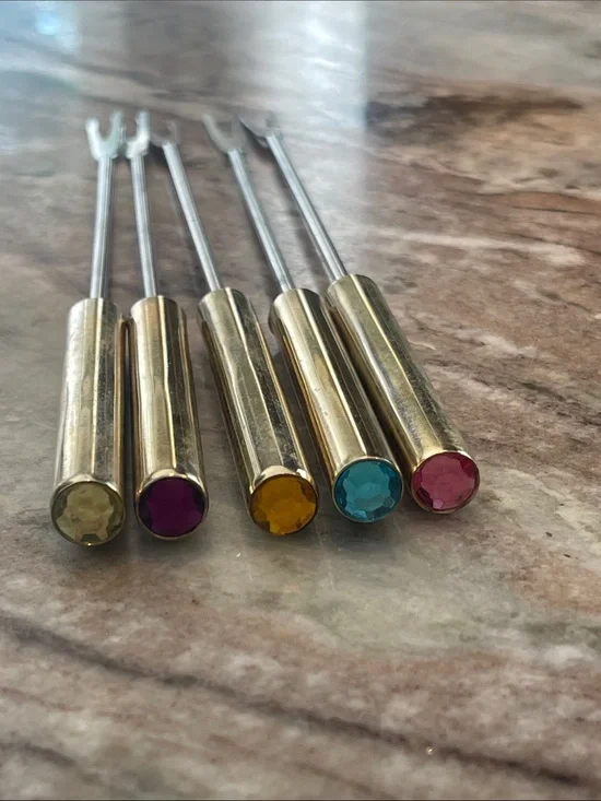 Gold Cocktail Fondue Fork Set with Colored Gem Handles - Home Party Supplies