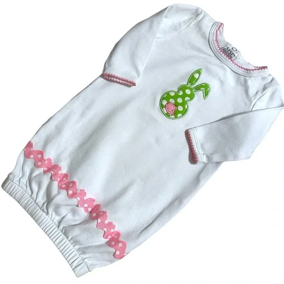 Vintage MSC Baby Gown 0-6M – Easter Bunny, Polka Dot Appliqué, Ruffle Trim
