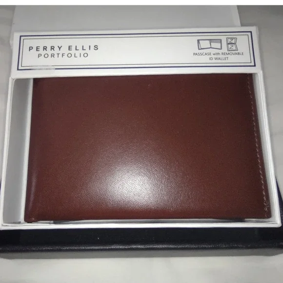 Perry Ellis Portfolio Men's Brown Leather Bifold Wallet Removable ID Case‎