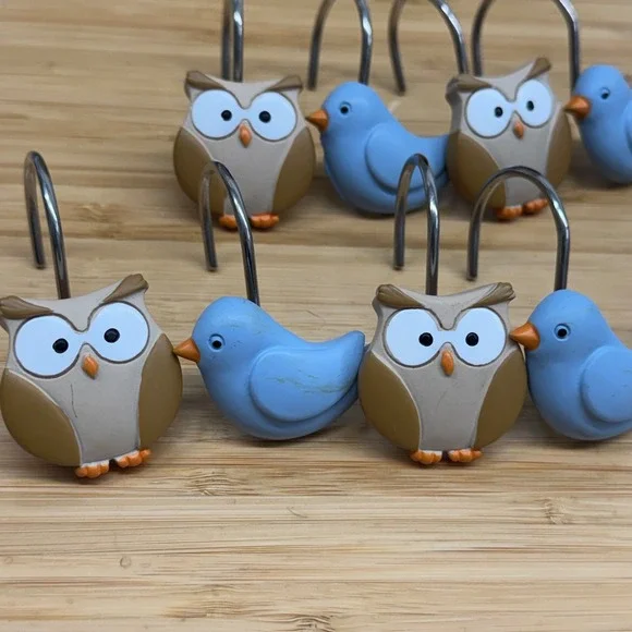 Owl and Blue Bird Shower Curtain Hooks Set of 12 Woodland Resin Kids Bathroom