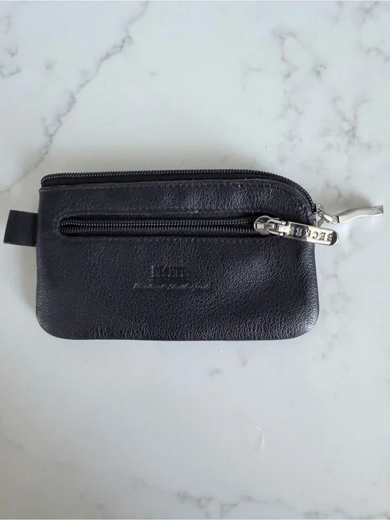 Leather Zip Coin Pouch Key Holder  - Black