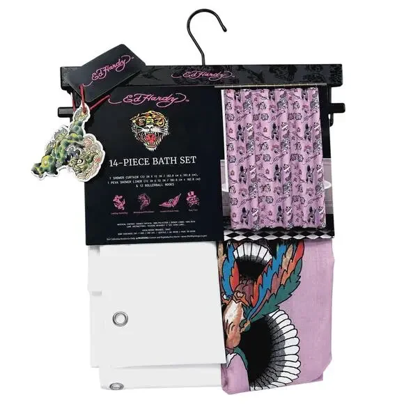 NWT! ED HARDY 14 - PIECE SHOWER CURTAIN - LIGHT PURPLE - 72 x 72