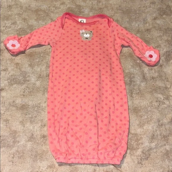 Gerber Coral Baby Gown with Bear and Polka Dots