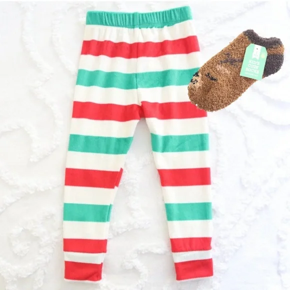 Cat & Jack Snuggly Soft Christmas Holiday Striped Pajama Pants & Reindeer Socks