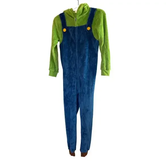 Nintendo Super Mario Luigi Onesie Pajamas Kids Size 10/12 Hooded Fleece Union