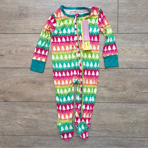 Little Bum Bums Bamboo Christmas Tree Pajamas‎ Sz 2T Colorful Full Zip Soft NEW