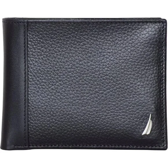 Nautica Men's Bifold Leather Wallet Black RFID Blocking ID Window Card Slots