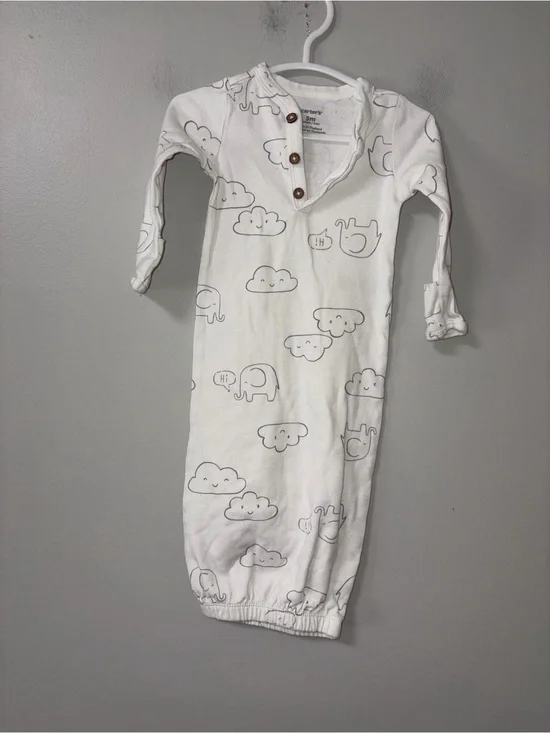 Carters White Elephant & Clouds Unisex Elastic Hem Gown 3M