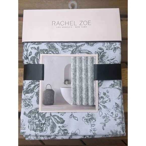 Rachel Zoe Wild Flowers Fabric Shower Curtain Green White Stylish Farmhouse Chic