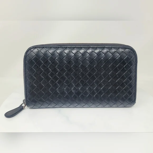 Bottega Veneta Black Woven Leather Zip Around Long Wallet Italy Authentic